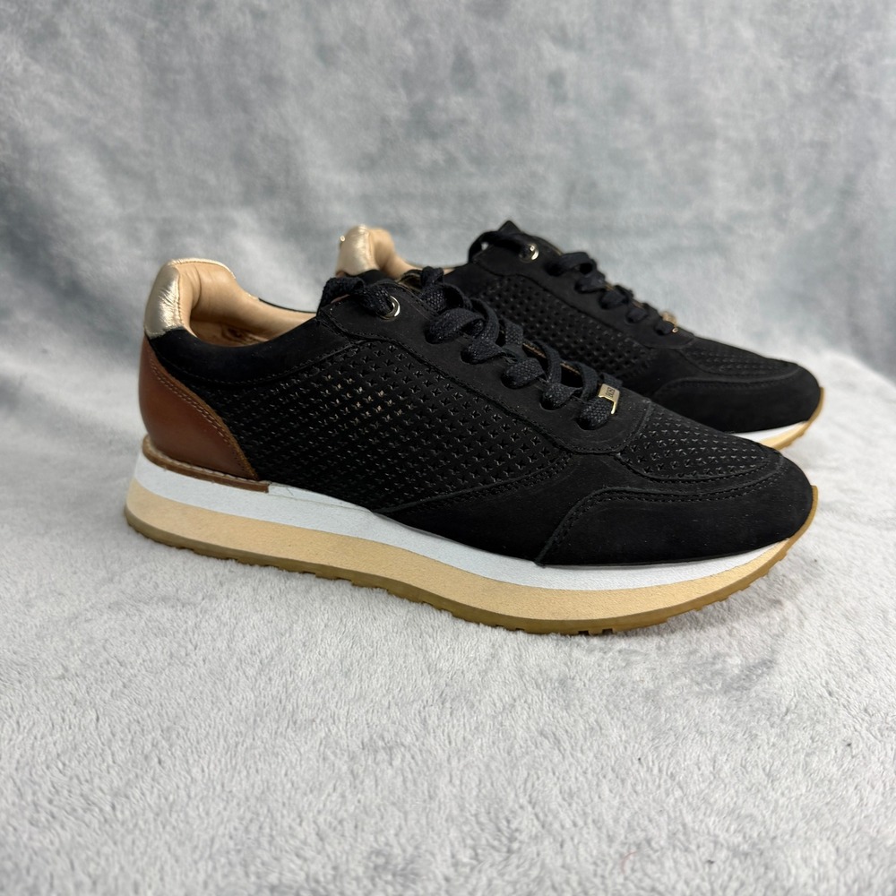Bosi Sport Lux Womens Black Sneakers Gold Leather Perforated Quiet Luxury Shoes